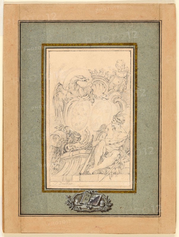 Armorial Bookplate for Crozat, Baron de Thiers, c. 1753, François Boucher, French, 1703-1770, France, Graphite, on ivory laid paper, laid down on cream laid paper, perimeter mounted on board, 133 × 81 mm