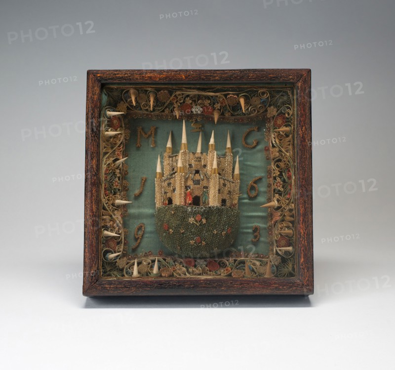 Shadow Box: Castle, 1693, Probably Spain, Spain, Rolled paperwork, colored and gilded, silk, wood, 28.2 x 28.2 x 5.7 cm (11 1/6 x 11 1/6 x 2 1/4 in.)