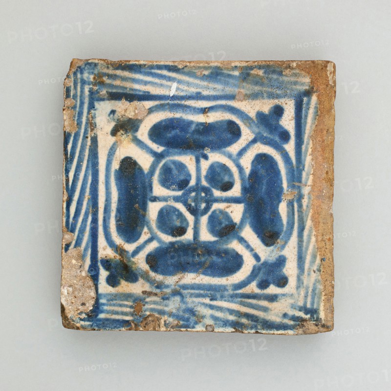 Floor Tile with Rosette, 1474/1500, Spanish, Valencia (probably Manises), Manises, Tin-glazed earthenware, 8.7 × 9.5 cm (3 7/16 × 3 3/4 in.)