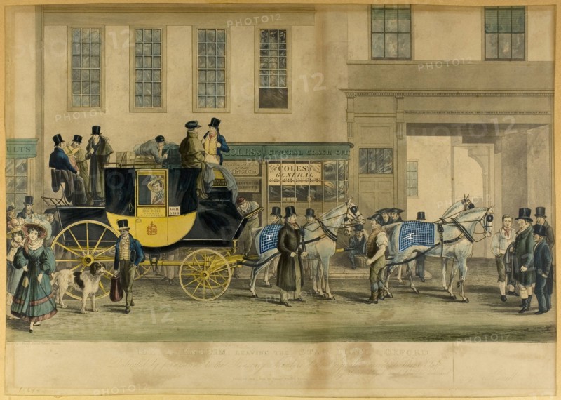 The Blenheim, Leaving the Star Hotel, Oxford, 1831, William Havell, English, 1782-1857, England, Aquatint, heightened with watercolor, on paper