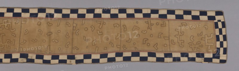 Ceremonial Skirt, 1875/1900, Kuba, Bushong, Democratic Republic of the Congo, Kasia, Mushenge, Democratic Republic of Congo, Raffia, plain weaves, pieced, appliqúed with plain weaves in pearl stitches, embroidered in pearl stitches, edged with bands of cotton, warp-stripe warp-float faced twill weave, cotton, plain weave, pieced and hemmed in slip and pearl stitches, and cotton, warp-float faced alternating float weave, joined with raffia in pearl and twisted insertion stitches, 77.1 × 475.4 cm (30 3/8 × 187 1/8 in.)