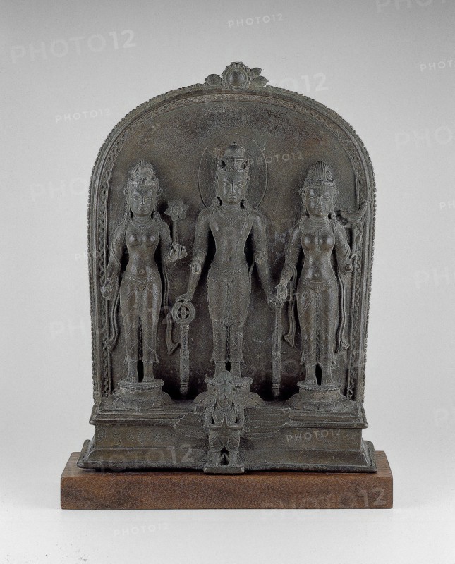 God Vishnu with Lakshmi and Sarasvati, Pala period, 9th/10th century, Bangladesh, Bangladesh, Bronze, 24.5 × 18 × 7.7 cm (9 5/8 × 7 1/16 × 3 in.)