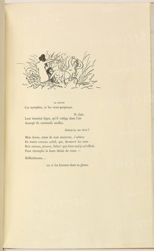 L’après-midi d’un faune, 1876, Édouard Manet (French, 1832-1883), poetry by Stéphane Mallarmé (French, 1842-1898), published by Alphonse Derenne (French, born 1836), bookbinding by Jacques Anthoine Legrain (French, born 1907), France, Book with four wood engravings in black on various laid and wove papers, two handcolored with pink wash, rebound and housed in slipcase, 288 × 200 × 14 mm (book, closed), 288 × 403 × 15 mm (book, open), 292 × 202 × 14 mm (slipcase)