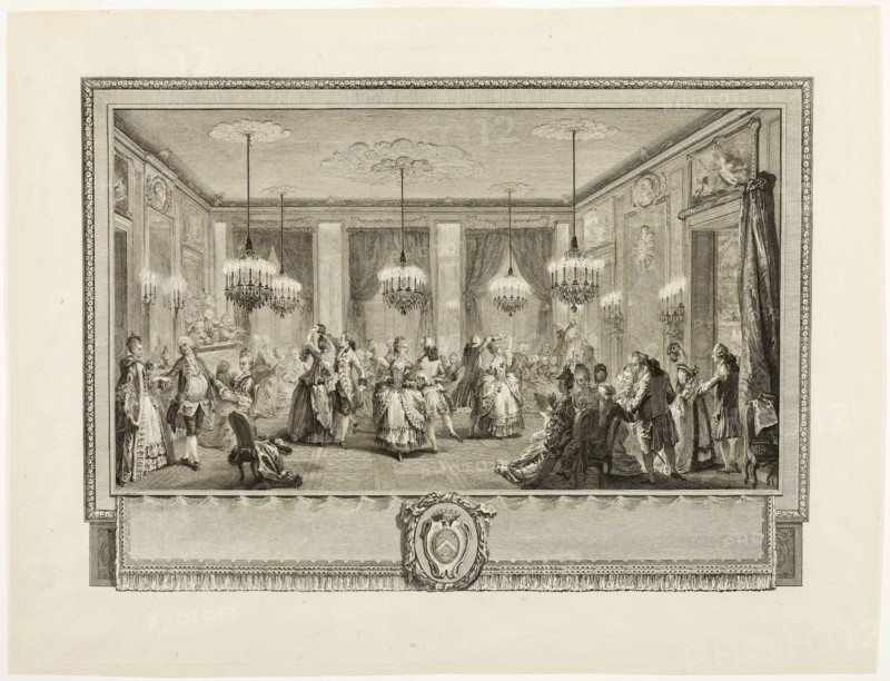 Bal Paré (The Jewel Ball), 1774, Antoine-Jean Duclos (French, 1742-1795), after Augustin de Saint-Aubin (French, 1736-1807), France, Etching and engraving on ivory laid paper, 295 × 418 mm (image), 365 × 480 (plate), 384 × 501 (sheet)
