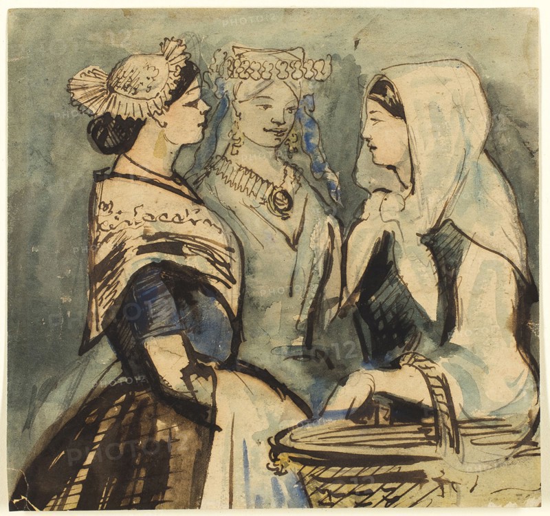 Three Servant Women, n.d., Constantin Guys, French, 1802-1892, France, Pen and brown ink, with brush and watercolor, over graphite, on cream wove paper, laid down on ivory wove paper, 167 × 177 mm