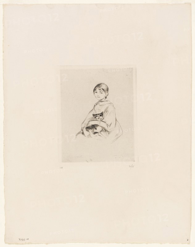 Young Girl with a Cat, 1889, Berthe Morisot, French, 1841-1895, France, Drypoint in black on cream laid paper, 138 × 109 mm (image), 150 × 119 mm (plate), 355 × 279 mm (sheet)