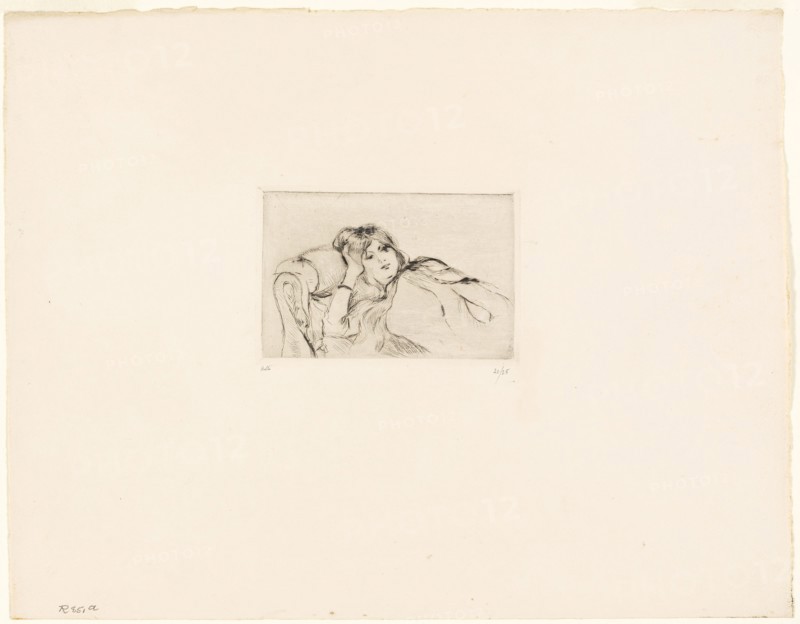 Young Woman at Rest, 1889, Berthe Morisot, French, 1841-1895, France, Drypoint in black on cream laid paper, 75 × 115 mm (image), 82 × 120 mm (plate), 278 × 356 mm (sheet)