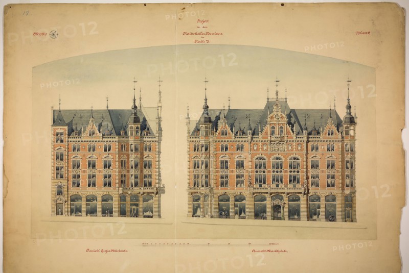 Rathskeller Neubau, Halle (Saale), Saxony-Anhalt, Germany, Elevations, c. 1887, Peter J. Weber, American, born Germany, 1863-1923, Saxony-Anhalt, Graphite, ink, watercolor, and tempera on paper, 68.6 × 98.1 cm (27 × 38 5/8 in.)