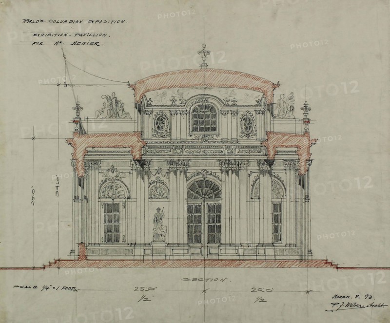 Chocolate-Menier Pavilion, World’s Colombian Exposition, Chicago, Illinois, Section Sketch, 1893, Peter Joseph Weber, American, 1863–1923, United States, Graphite, red pencil, and ink on tracing paper, 42 × 48.7 cm (16 9/16 x 19 3/16 in.)