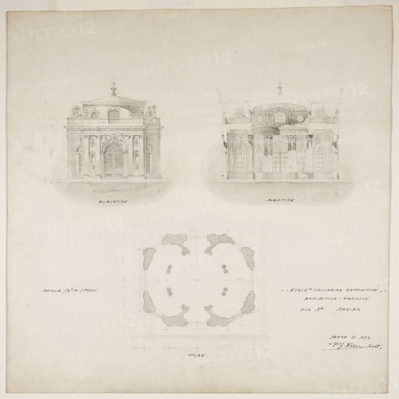 World’s Colombian Exposition Chocolate-Menier Pavilion, Chicago, Illinois, Plan, Elevation, and Section, 1893, Peter J. Weber, American, born Germany, 1863-1923, Chicago, Graphite and wash with ink lettering on illustration board, 54 × 53.5 cm (21 1/4 × 21 1/16 in.)