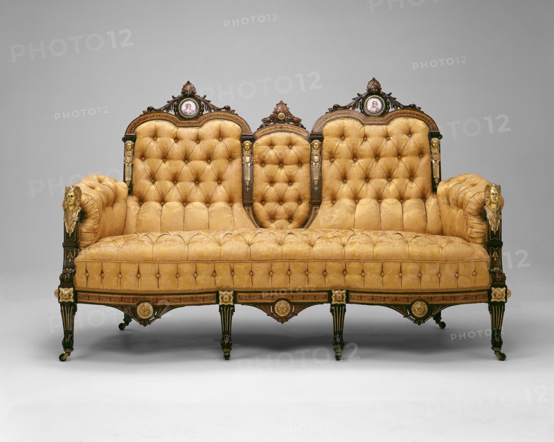 Sofa, 1860/70, American, 19th century, New York, Ormolu mounts by Pierre E. Guerin, American, founded 1857, New York, Rosewood, inlays of various woods, ormolu mounts, and porcelain plaques, 115.5 × 188 × 76.2 cm (45 1/2 × 74 × 30 in.)