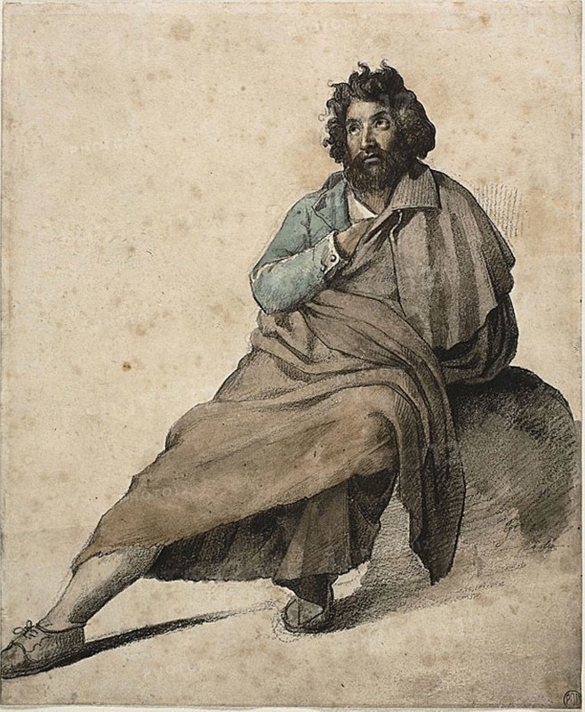 Seated Italian Peasant, 1816/1817, Jean Louis André Théodore Géricault, French, 1791-1824, France, Watercolor, with black crayon and traces of pink gouache, over black chalk, on cream wove paper, 258 × 213 mm