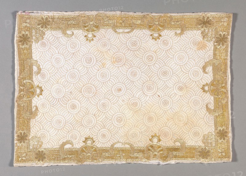 Pillow Sham, c.1720, England, Cotton, plain weave, underlaid with linen, plain weave, embroidered with silk floss and silk yarns in back, herringbone, running, and satin stitches, laid work, couching, and French knots;, 30.1 × 42 cm (11 7/8 × 16 1/2 in.)