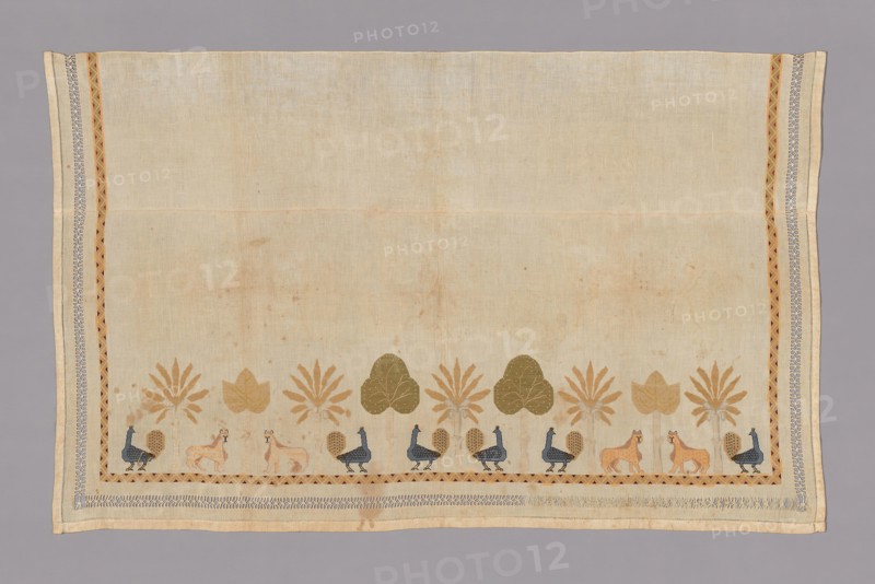 Panel, c. 1880, Possibly Egypt or Turkey, Egypt, Cotton, plain weave, cut and drawnwork embroidered with silk floss and gold gilt strip wound around a cotton fiber core in darning and hem stitches and darned wheels, and embroidered in back, cross, and satin stitches, 82.3 × 133.5 cm (32 3/8 × 52 5/8 in.)