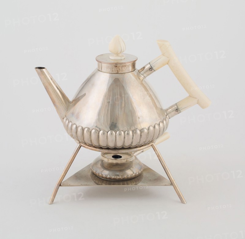 Teapot on Stand with Rechaud, 1875/90, Christopher Dresser, English, 1834-1904, Vienna, Austria, Vienna, Silver and ivory, 18.3 x 19.9 x 14.8 cm (7 3/16 x 7 13/16 x 5 13/16 in.)