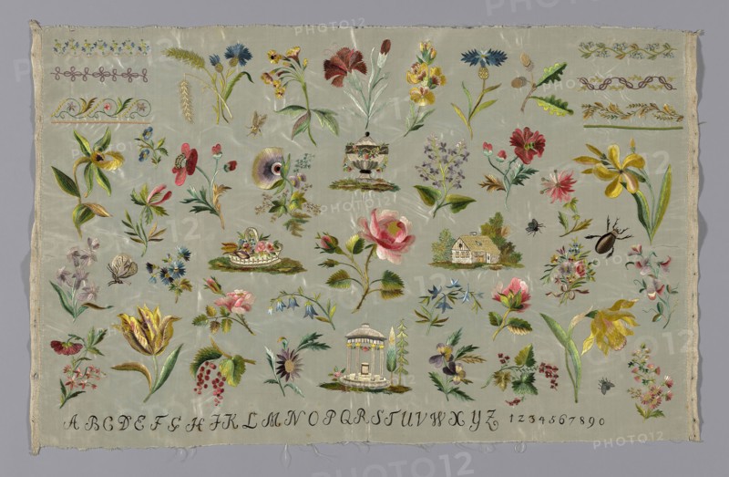 Sampler, 18th century, Possibly Germany or Netherlands, Germany, Silk, plain weave, embroidered with silk floss and yarns, chenille yarns, and silk, plain weave ribbons, embroidered in chain, individual running, satin, padded satin, single satin, split, and stem stitches, French knots, laidwork, couching, 44.1 x 67.2 cm (17 3/8 x 26 1/2 in.)