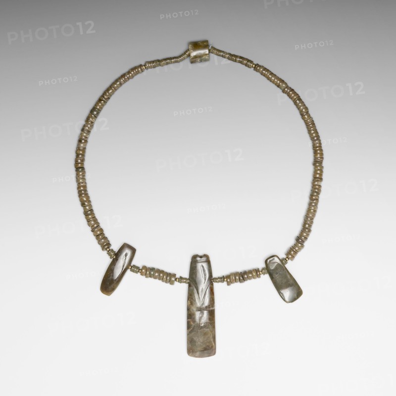 Beaded Necklace with Three Celt Pendants, A.D. 300/700, Nicoya, Nicoya, Guanacaste province, Costa Rica, Costa Rica, Jade with metal, L. 38.7 cm (15 1/4 in.)