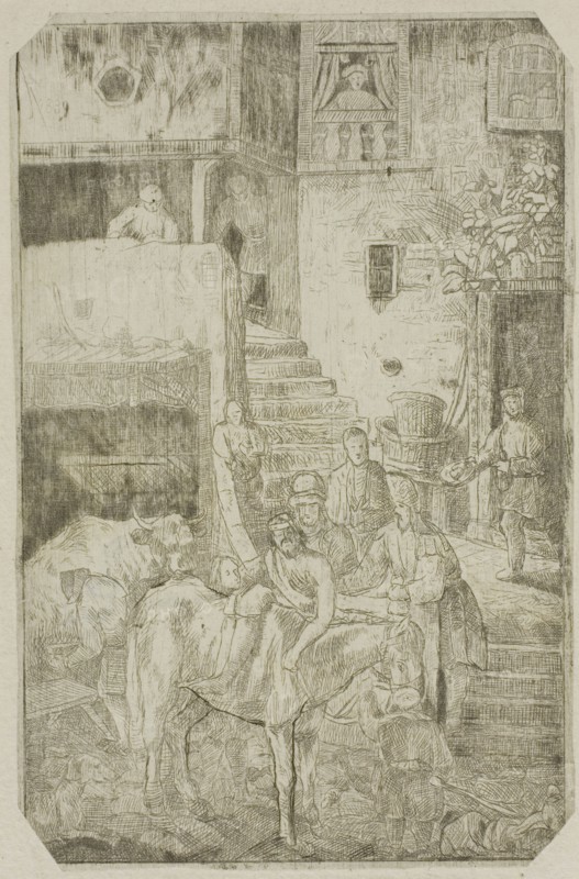The Good Samaritan, n.d., Rodolphe Bresdin, French, 1825-1885, France, Etching on ivory chine, mounted on cream laid paper, 120 × 78 mm (image/plate), 375 × 270 mm (sheet)