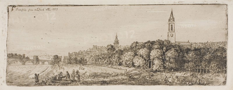 Dumfries from the Dock, 1777, John Clerk of Eldin, Scottish, 1728-1812, Scotland, Etching on paper, 3 x 8 1/8 inches