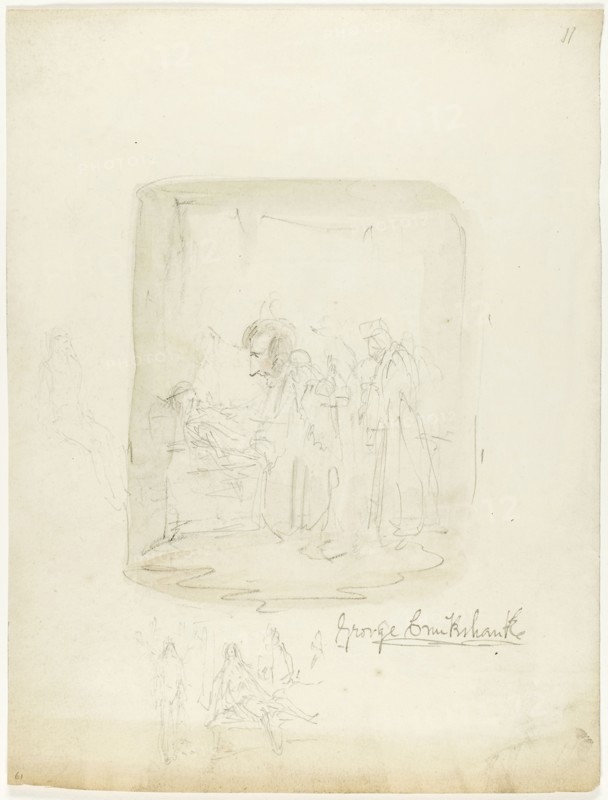 Sheet of Sketches with Self-Portrait, n.d., George Cruikshank, English, 1792-1878, England, Graphite with brush and watercolor wash, on cream wove paper, 229 × 174 mm
