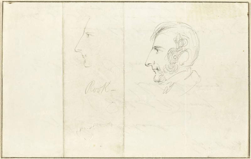 Two Self-Portraits in Profile, n.d., George Cruikshank, English, 1792-1878, England, Graphite, on ivory wove paper, tipped on cream wove card, 115 × 181 mm