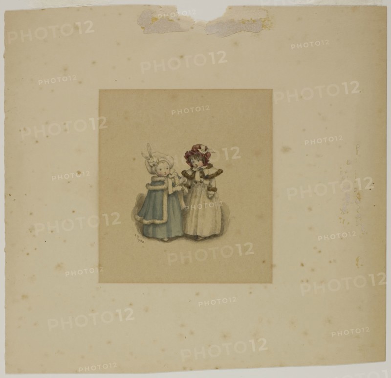 Two Little Girls in Fur-Trimmed Coats, 1900, Kate Greenaway, English, 1846-1901, England, Watercolor, with graphite, on cream wove paper (discolored to tan), 214 × 222 mm