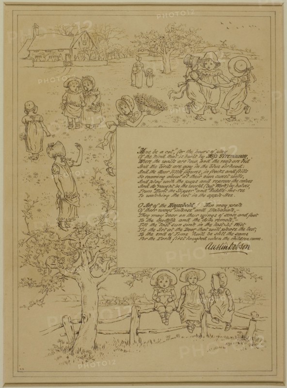 Study for Home-Beauty, c. 1883, Kate Greenaway, English, 1846-1901, England, Pen and brown ink, over traces of graphite, on cream wove paper, laid down on cream wood-pulp laminate board, 248 × 181 mm
