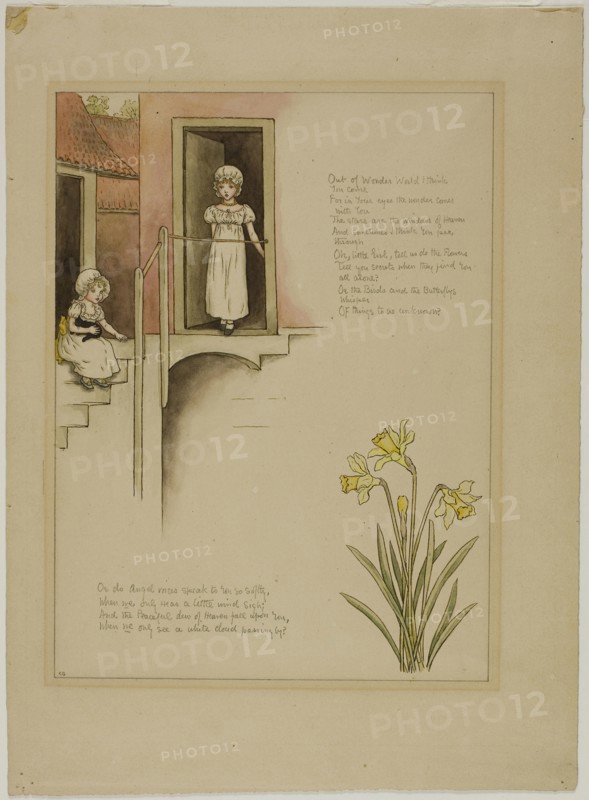 Study for From Wonder World, from Marigold Garden, 1885, Kate Greenaway, English, 1846-1901, England, Pen and brown ink and watercolor on cream wove paper, 268 × 195 mm