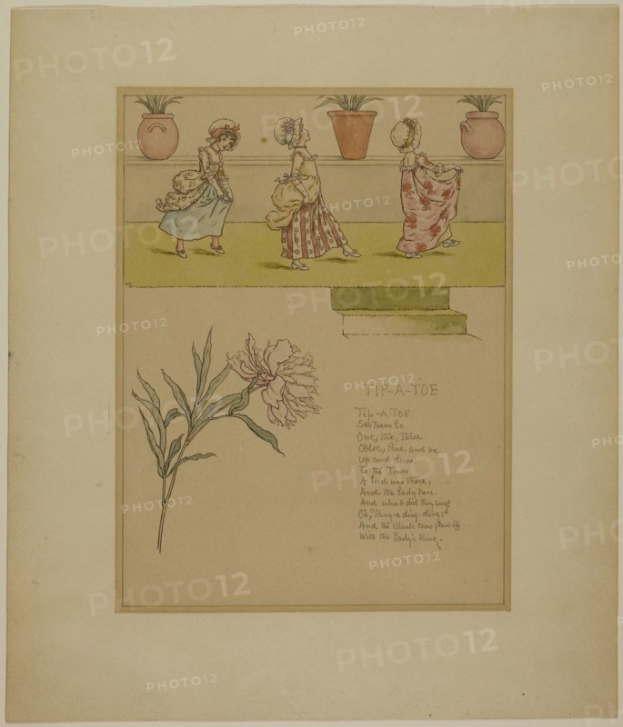 Study for Tip a Toe, from Marigold Garden, 1885, Kate Greenaway, English, 1846-1901, England, Pen and brown ink and watercolor over traces of graphite, on cream wove paper (discolored to tan), 279 × 238 mm