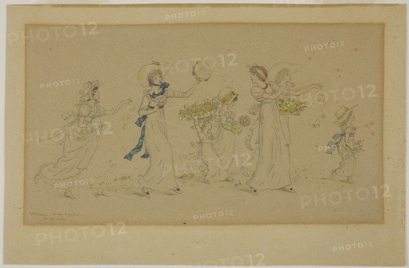 Welcome Once Again, 1884, Kate Greenaway, English, 1846-1901, England, Graphite with watercolor on cream wove paper (discolored to tan), 166 × 255 mm