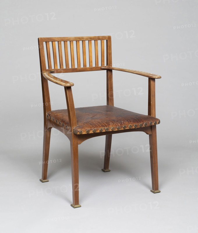 Armchair No. 8, 1898/99, Designed by Otto Wagner (Austrian, 1841-1918), Austria, Vienna, Vienna, Polished walnut, mother–of–pearl, and brass with leather seat, 90.2 x 66 cm (35 1/2 x 26 in.), Diameter: 59.1 cm (23 1/4 in.)