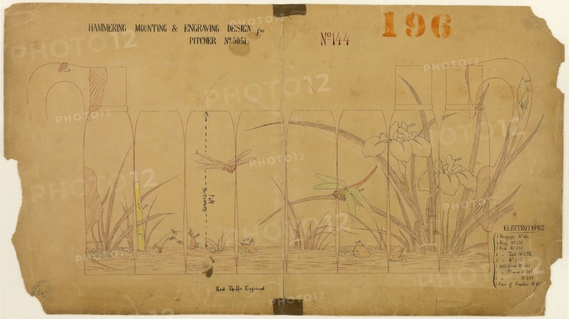 Hammering, Mounting and Engraving Design for Pitcher No. 5051, 1878, Tiffany and Company, American, founded 1837, United States, Black and red ink, and colored pencils, on tan wove paper, 333 x 597 mm