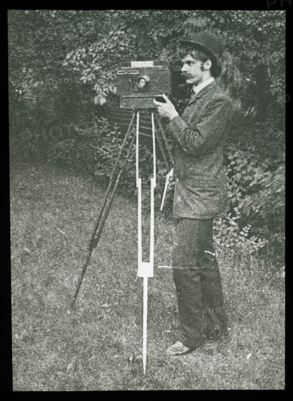 Self-Portrait with camera, tripod and pistol, 1886, Alfred Stieglitz, American, 1864–1946, United States, Lantern slide, 5.7 x 4.2 cm (image), 8.2 x 10.2 cm (slide)