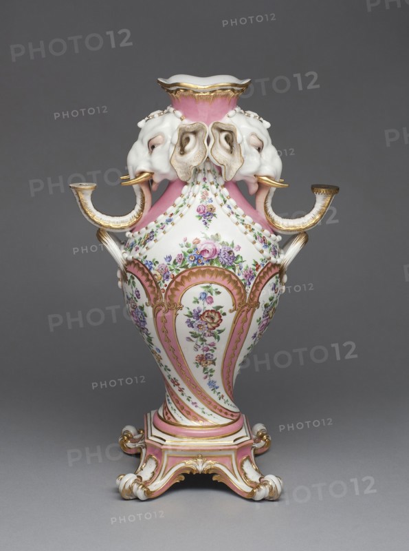 Elephant Candelabrum Vase (Vase à Tête d’Eléphant), 1757/58, Sèvres Porcelain Manufactory, French, founded 1740, Design attributed to Jean-Claude Duplessis (French, active 1745/48-1774, died 1783), Painted by Pierre-Louis-Philippe Armand (French, active 1758-1781), Sèvres, Soft-paste porcelain, polychrome enamels, and gilding, 39.2 cm (15 7/16 in.)
