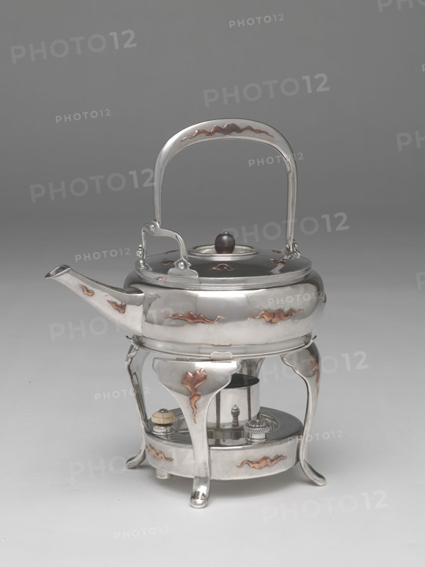 Teakettle and Stand, tea kettle, 1877, stand, 1889, Design attributed to Edward C. Moore, American, 1827–1891, Tiffany and Company, American, founded 1837, New York, New York City, Silver with copper, 23.9 × 11.9 cm (9 3/8 × 4 11/16 in.)