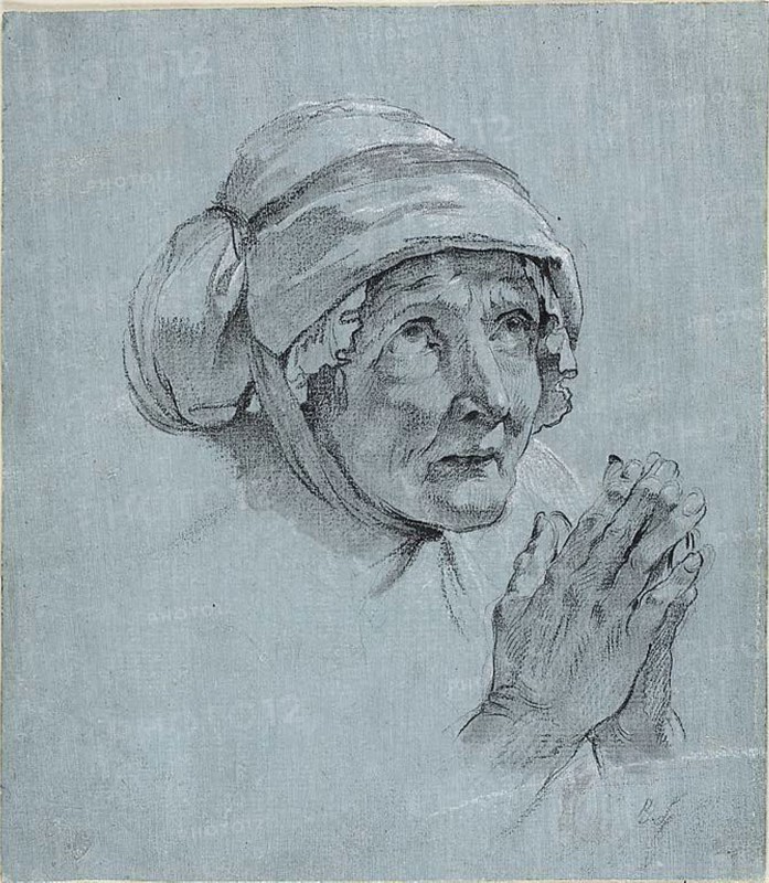 Study of the Head and Hands of an Old Woman Looking Up, c. 1775, Nicolas Bernard Lépicié, French, 1735-1784, France, Black chalk, with stumping, heightened with touches of white chalk, on ivory laid paper, prepared with a blue ground, laid down on ivory laid paper, 214 × 186 mm