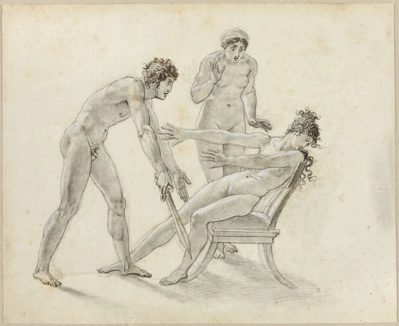 Hermione Rejecting Orestes, c. 1799, Anne-Louis Girodet de Roucy-Trioson, French, 1767-1824, France, Pen and black ink and black chalk, with stumping, and brush and brown and gray wash, heightened with white gouache, on ivory laid paper, 263 × 323 mm