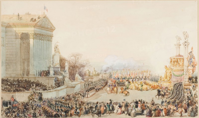 The Translation of the Ashes of Napoleon: 15 December, 1840, c. 1842, Eugène L. Lami, French, 1800-1890, France, Watercolor and gouache, with traces of graphite, on ivory wove paper, 153 × 257 mm