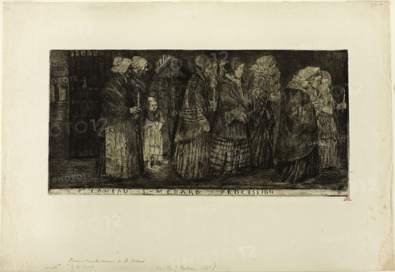 Procession in the Crypt of St. Medard, 1859, Alphonse Legros, French, 1837-1911, France, Etching on cream laid paper, 194 × 401 mm (plate), 356 × 520 mm (sheet)