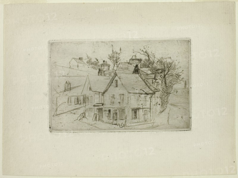 Street Corner in a Village, n.d., Henri-Emile Lessore, French, 1830-1895, France, Drypoint on cream laid paper, 77 × 119 mm (image/plate), 145 × 195 mm (sheet)