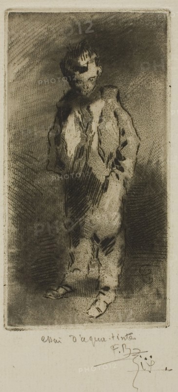 A Young Street Urchin, 1874, Félix Hilaire Buhot, French, 1847-1898, France, Etching, drypoint and aquatint on ivory laid paper, 95 × 48 mm (image/plate), 225 × 153 mm (sheet)