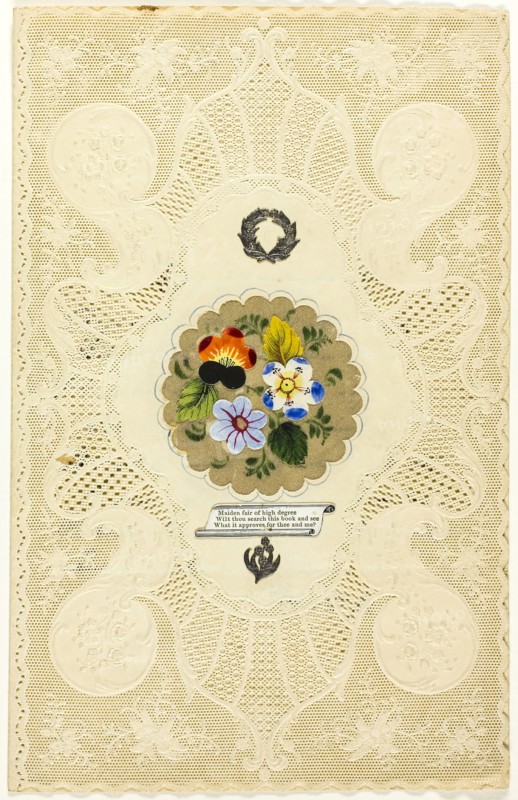 Maiden Fair of High Degree (valentine), 1845/50, Joseph Mansell, English, 19th century, England, Collaged elements with watercolor on cut and embossed ivory wove paper (lace), 193 × 123 mm (folded sheet)