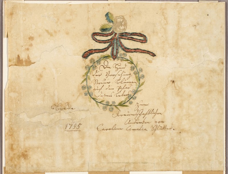 May the Hand of Providence Strew Flowers on the Path of Your Life (valentine), 1795, Carolina Amalia Schutler, German, 18th century, Germany, Collaged elements and pen and brown ink on cream laid paper (discolored), 142 × 187 mm
