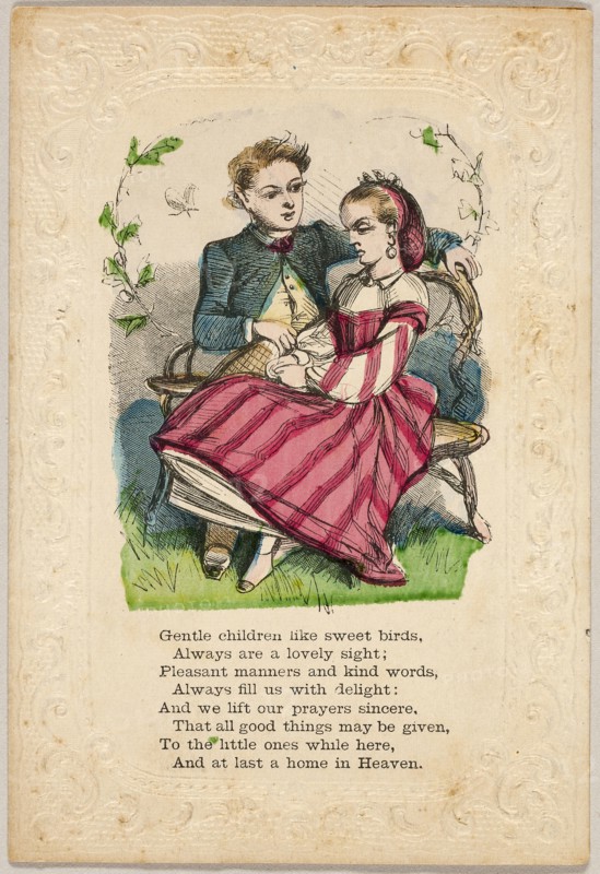 Gentle Children Like Sweet Birds (valentine), 1860/69, Unknown Artist, American, 19th century, United States, Lithograph with hand-coloring on embossed ivory wove paper, 136 x 92 mm (folded sheet)