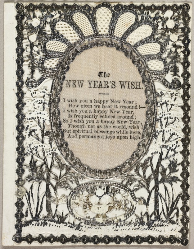 The New Year’s WIsh (holiday card), c. 1840, John Windsor, English, 19th century, England, Gray paint and collaged element on cut and embossed (designed) ivory wove paper, 102 × 79 mm (folded sheet)