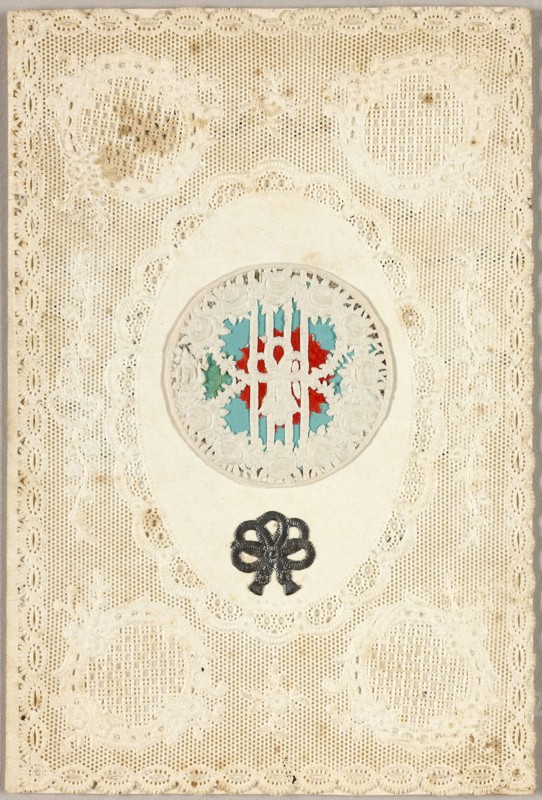 Untitled Valentine (Wreath with Rope Tie), c. 1850, Joseph Mansell, English, 19th century, England, Collaged elements on cut and embossed ivory wove paper (lace), 135 × 91 mm (folded sheet)