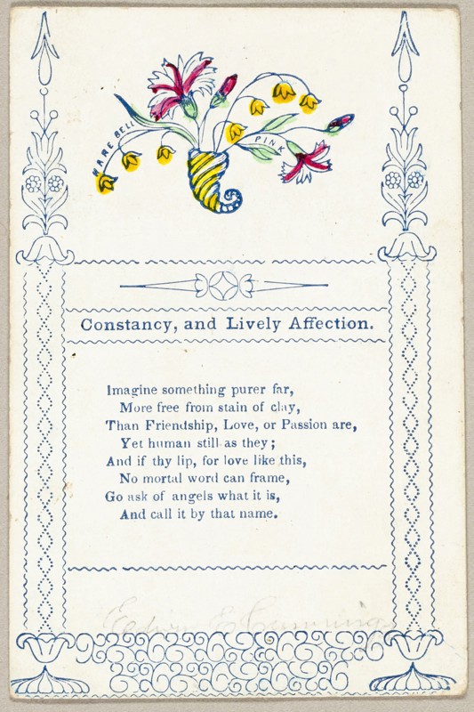 Constancy and Lively Affection (valentine), 1860/69, Unknown Artist, American, 19th century, United States, Lithograph in blue ink, with hand-coloring and traces of pen and black ink on off-white wove paper, 87 x 58 mm