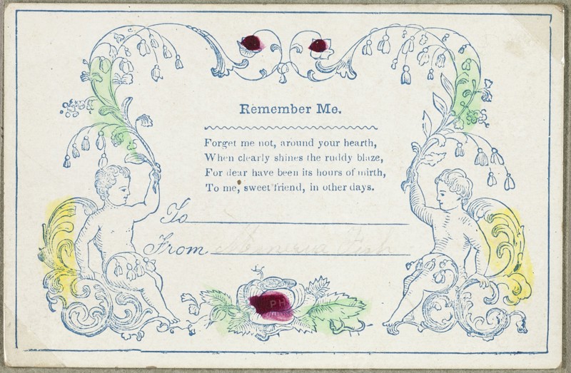 Remember Me (valentine), c. 1830, Unknown Artist, American or English, 19th century, United States, Engraving in blue ink with hand-coloring and traces of graphite on ivory card, 59 x 91 mm (card)