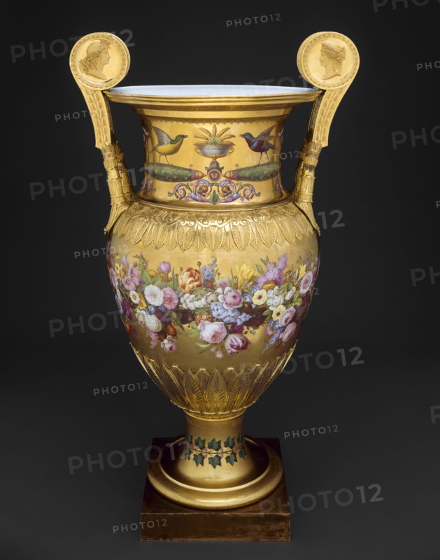 Londonderry Vase, 1813, Sèvres Porcelain Manufactory (Sèvres, France, founded 1740), Designed by Charles Percier (French, 1764-1838), Decoration designed by Alexandre-Theodore Brogniart (French, 1739-1813), Flowers and ornament painted by Gilbert Drouet (French, 1785–1825), Birds painted by Christophe-Ferdinand Caron (French, active 1792-1815), Sèvres, Hard-paste porcelain, polychrome enamels, gilding, and gilt bronze mounts, 137.2 cm (54 in.)