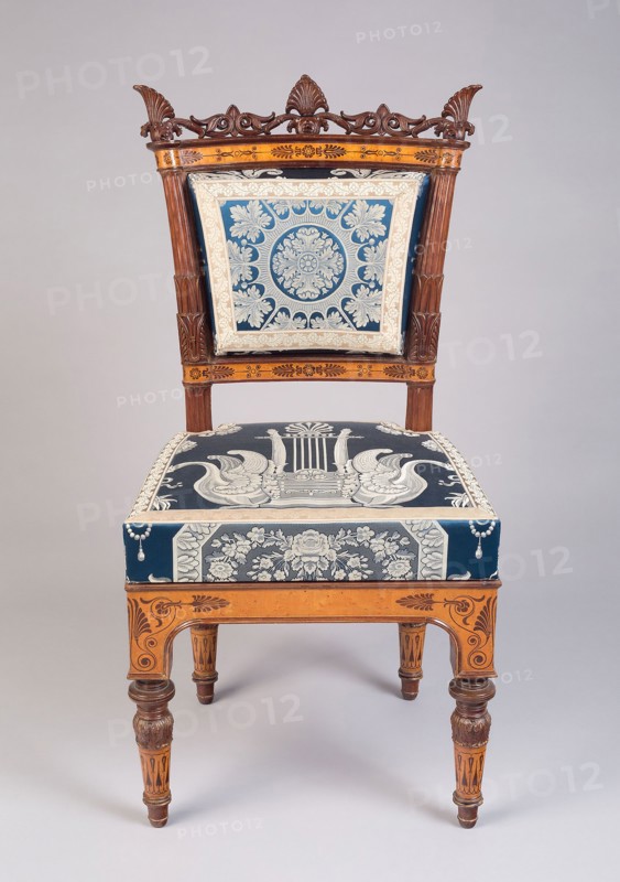 Side Chair, c. 1835, Italy, Turin, Designed by Filippo Pelagio Palagi (Italian, 1775–1860), Made by Moncalvo (Gabrielle Cappello) and Carlo Chivasse, Italy, Mahogany, maple, and modern reproduction upholstery, 100 × 52.7 × 55.3 cm (39 3/8 × 20 7/8 × 21 3/4 in.)
